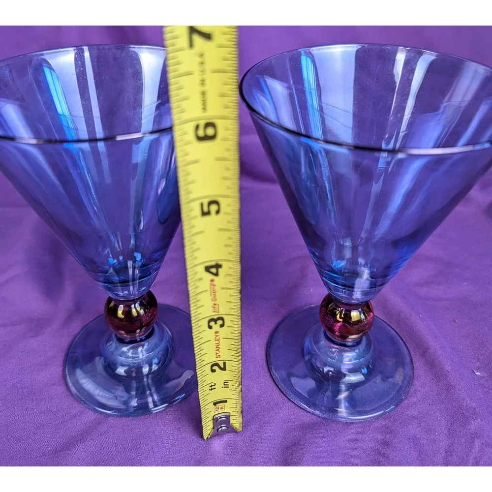 2 Vintage Italian Si-An Wine Cocktail Martini Glass - Blue/Amber Ball Stem 6